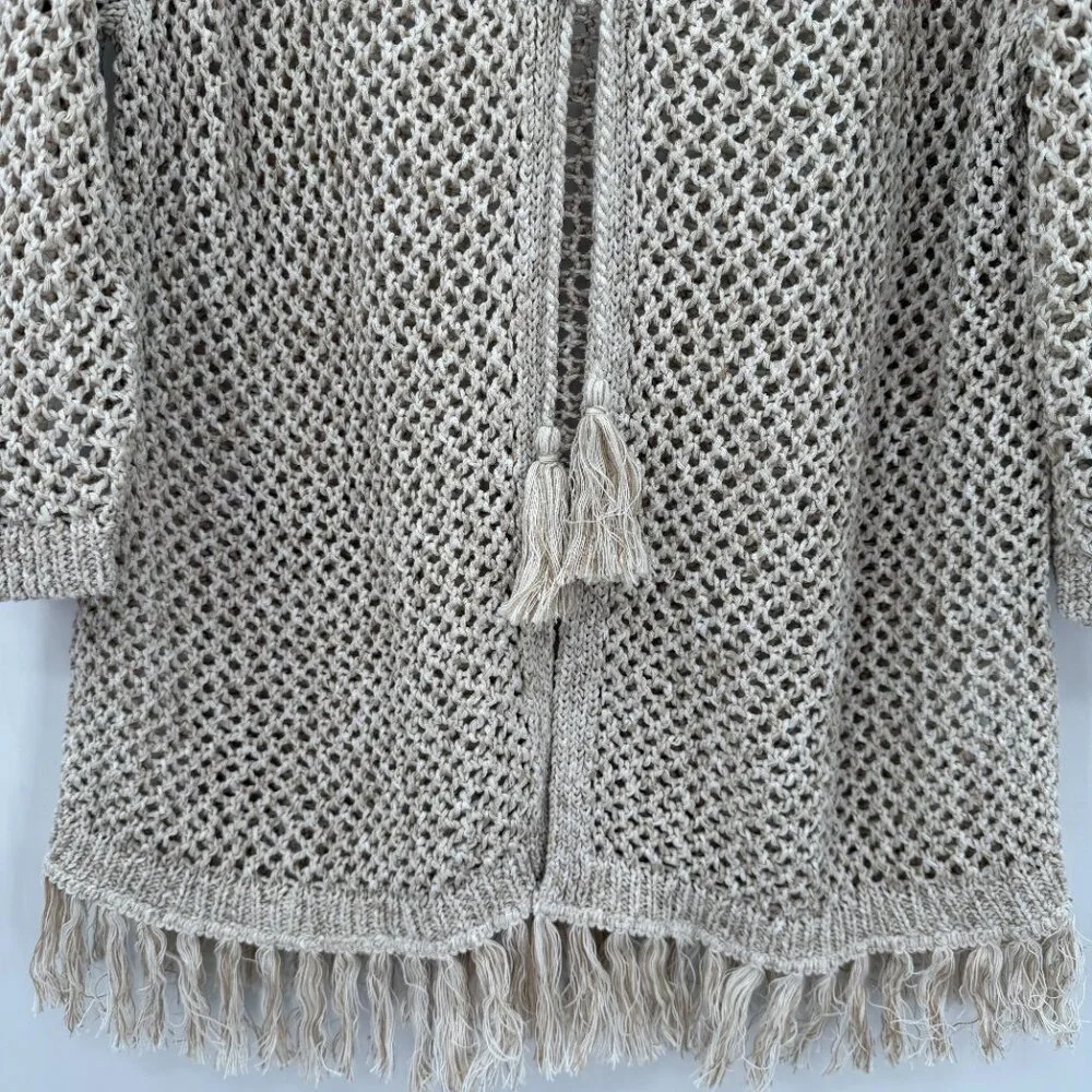 J Jill Open Crochet Knit Hooded Fringe Beige Cardigan Boho Hippie L - Picture 3 of 10